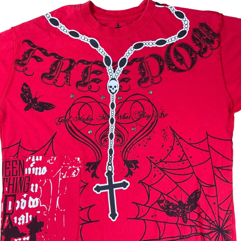 Y2K Black Label Freedom Red Chain Cross Graphic‎ T Shirt Mens XL Skull Studs